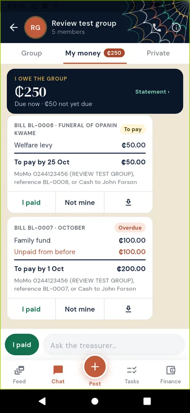 Circle Group: what I owe the group, bill by bill