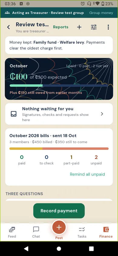Circle Group treasurer view of the month