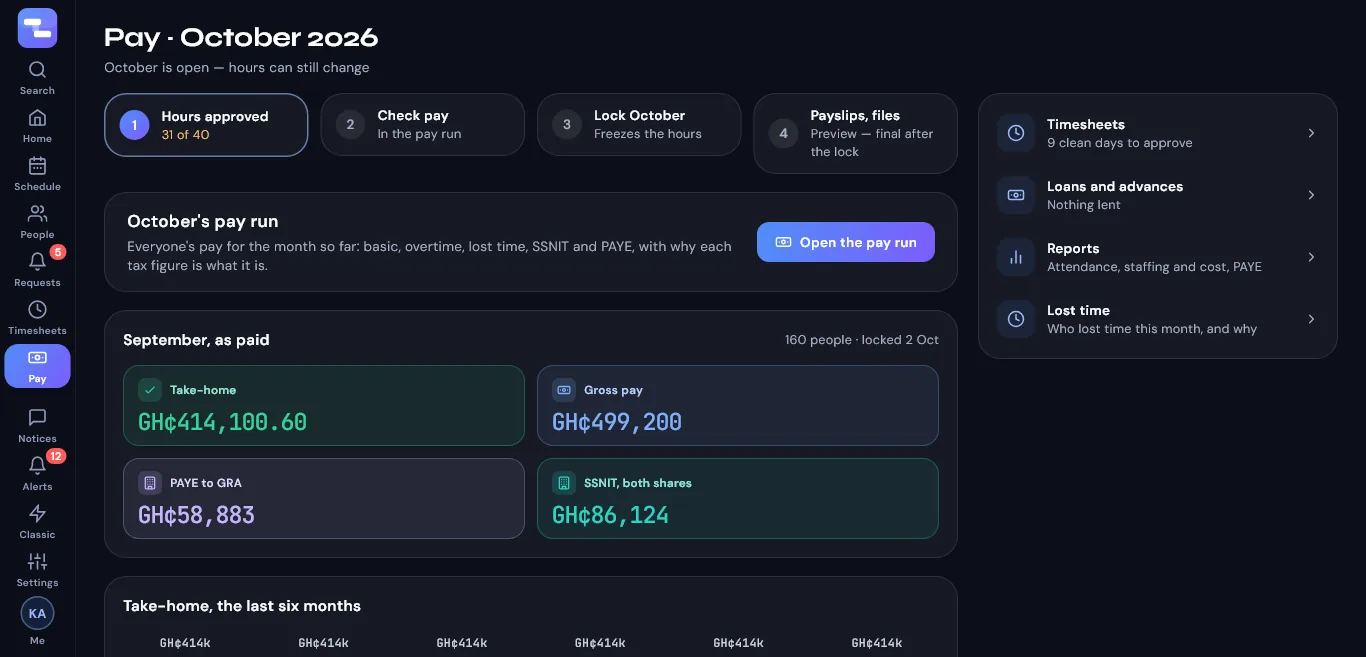 ShiftSync pay run with PAYE and SSNIT