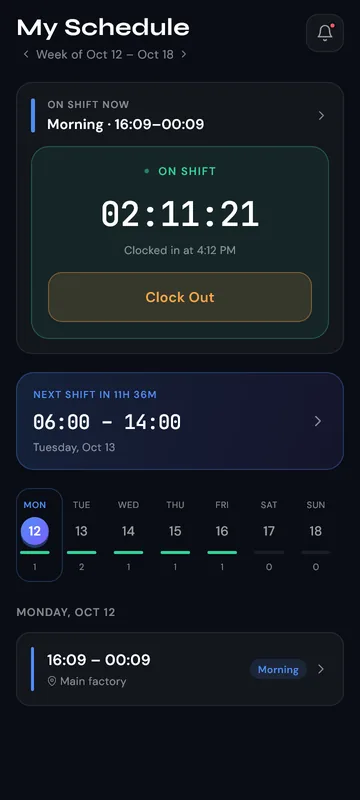 ShiftSync staff phone: on shift, with clock-out and the next shift