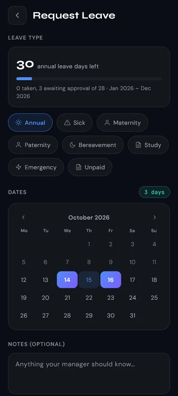 ShiftSync staff phone: request leave