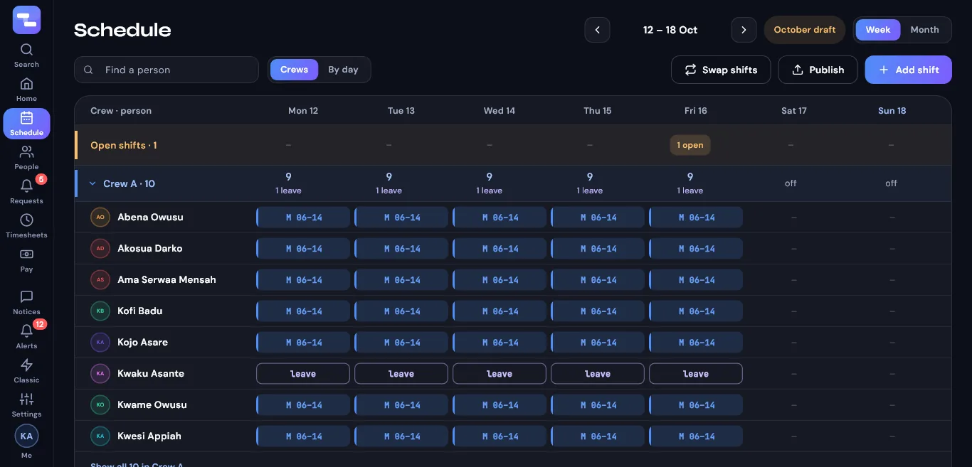 ShiftSync schedule by crew for the week